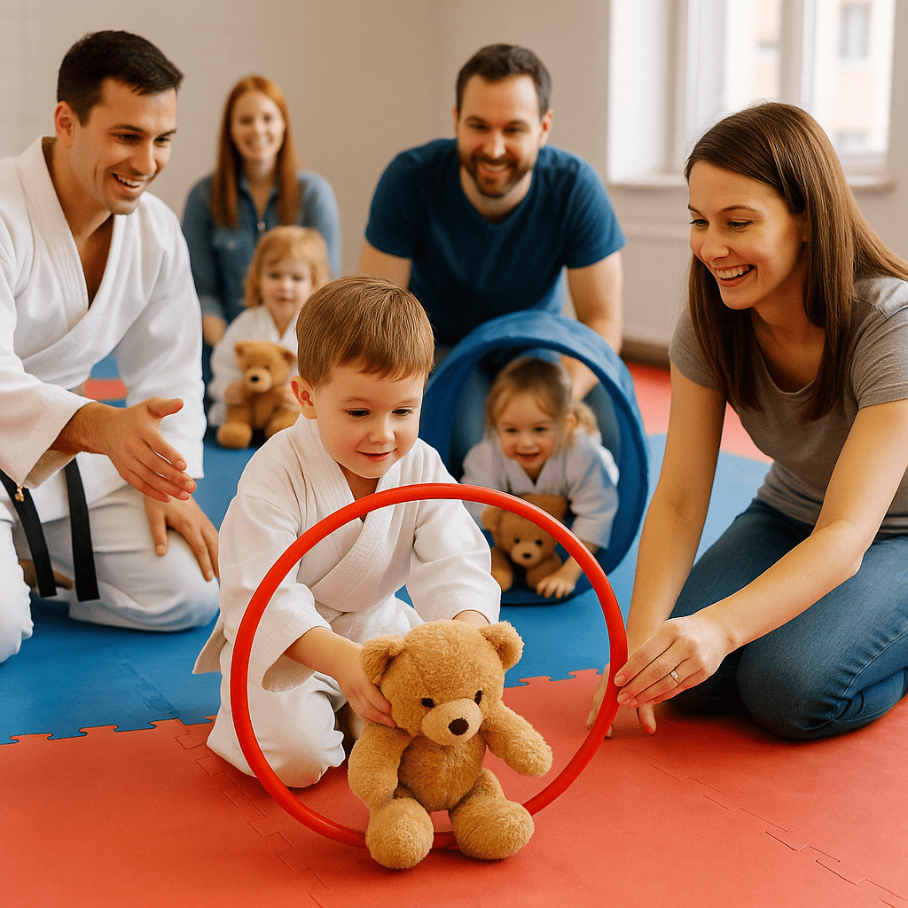 Child and parents playing obstacle course with teddy bear